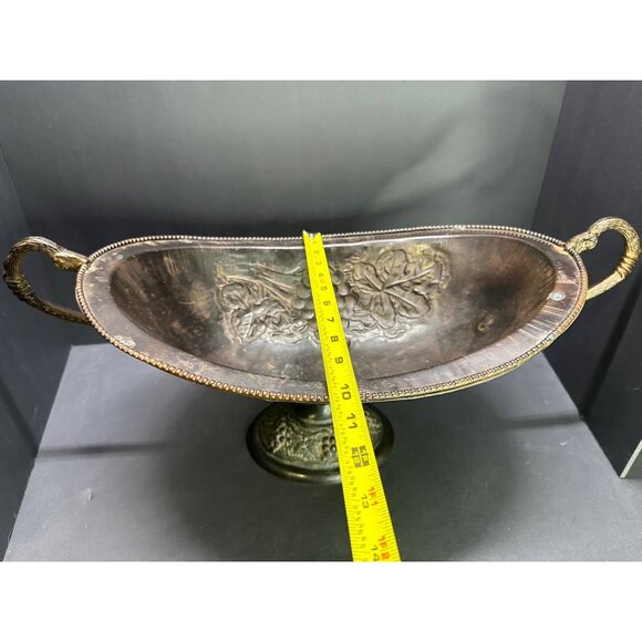 Vintage Brass Table Centerpiece Bowl Pedestal Embossed Fruit with Handles 16" L - Picture 13 of 14